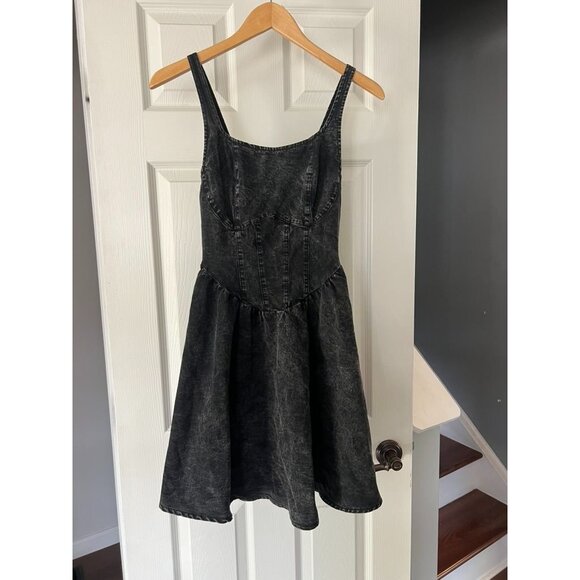 Shein Black Acid Wash Denim Mini Dress Corset Fit & Flare Sleeveless XS - Picture 1 of 5